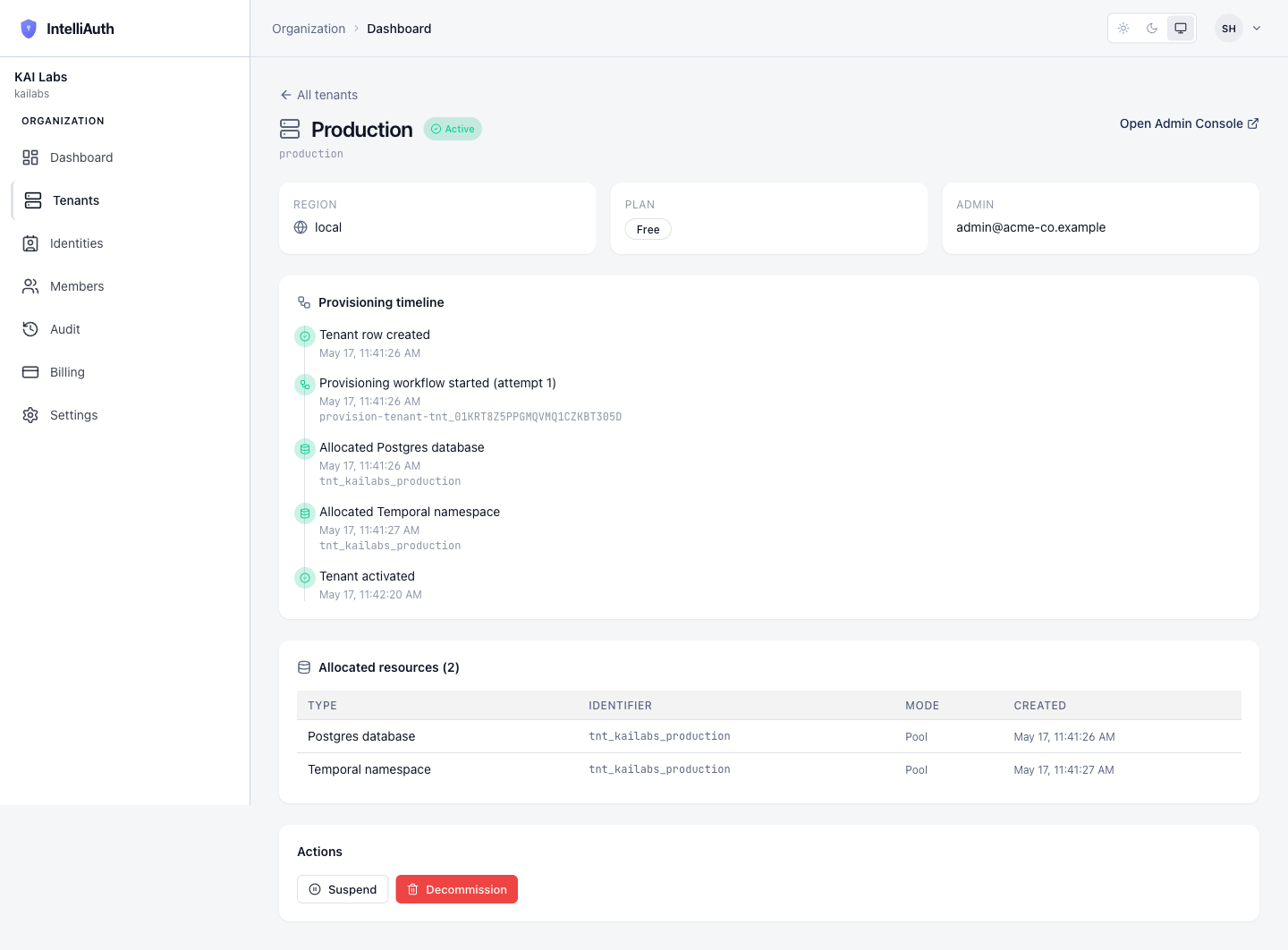 The tenant detail page after provisioning, showing the Active badge, Open-Admin-Console link, completed timeline, and Suspend / Decommission action buttons