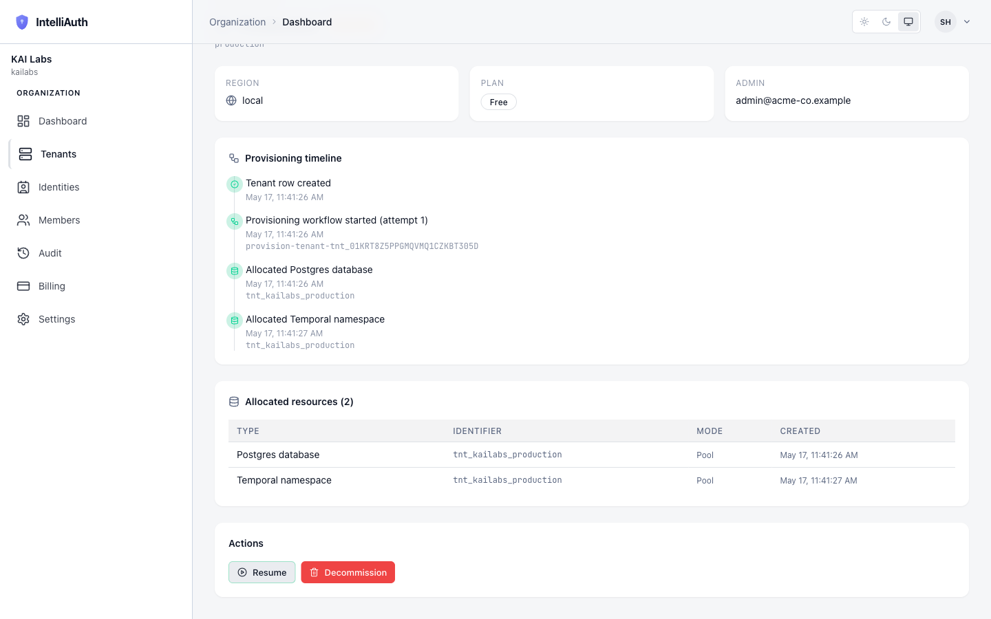The tenant detail page in Suspended state, with the Open-Admin-Console link removed and Resume + Decommission buttons in the Actions section