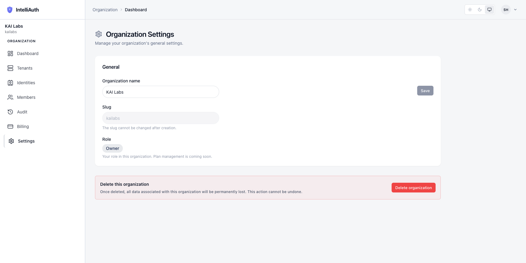The Organization Settings page with editable name, immutable slug, role badge, and a danger-zone Delete organization button