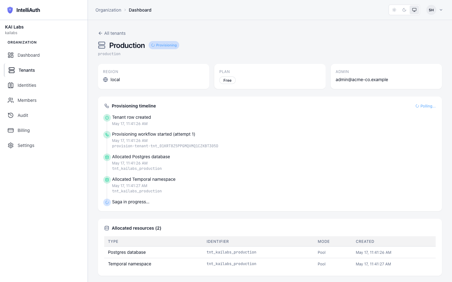 The tenant detail page partway through provisioning, showing the timeline at 4 of 5 steps with 'Polling...' active