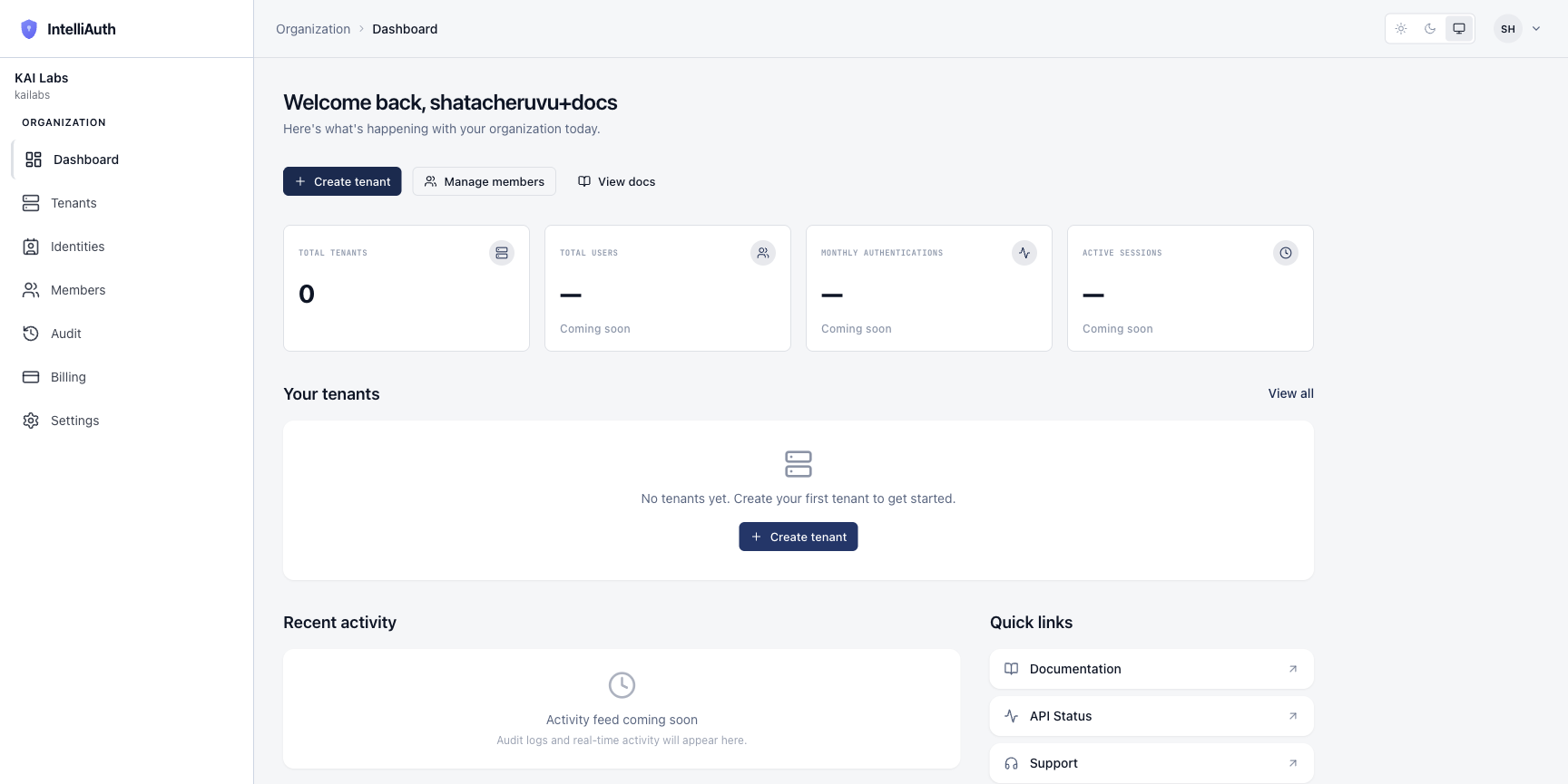 The control plane dashboard for a freshly-created organisation, showing the sidebar, KPI cards, and empty-state Create-tenant CTA