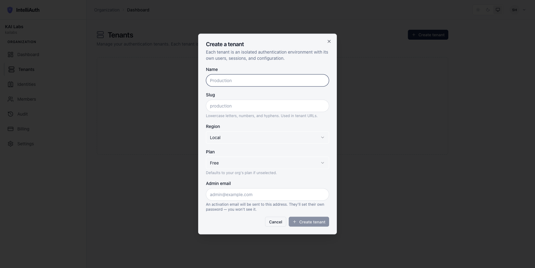 The Create-a-tenant dialog with empty Name, Slug, Region, Plan, and Admin email fields