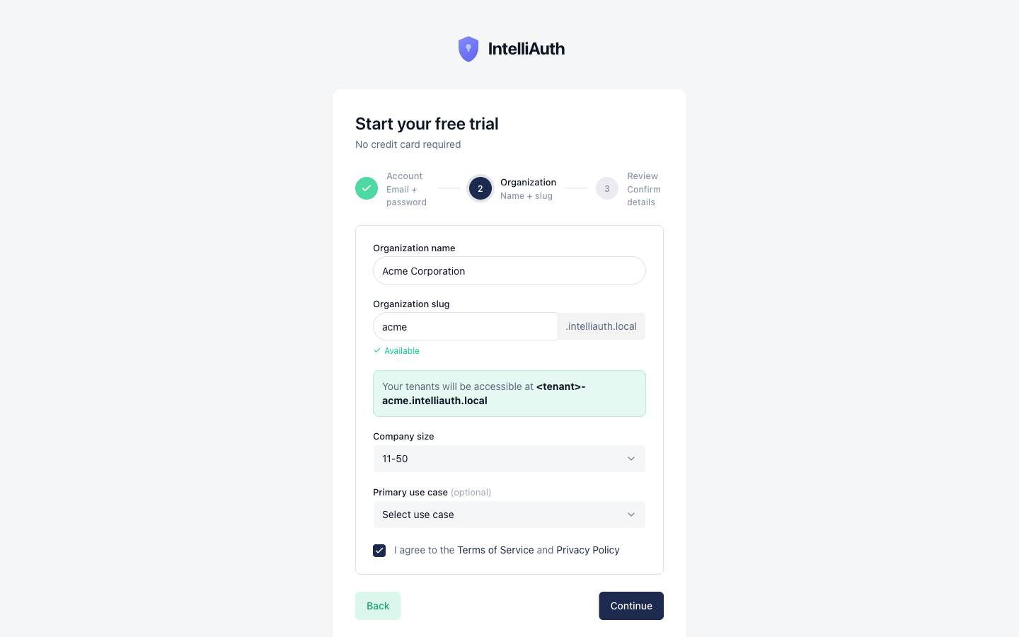 Step 2 of the signup wizard with the organisation details filled in for an example organisation