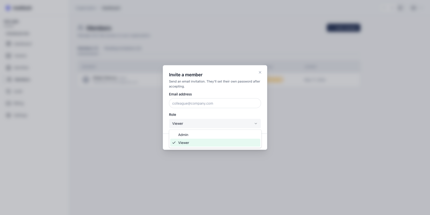 The role dropdown in the Invite-a-member dialog, expanded to show Admin and Viewer options