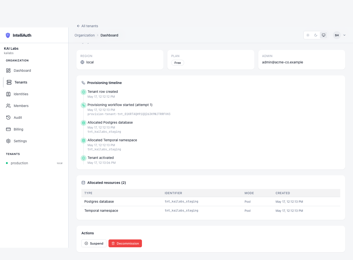 The tenant detail page during provisioning, showing the Provisioning timeline filling in step by step