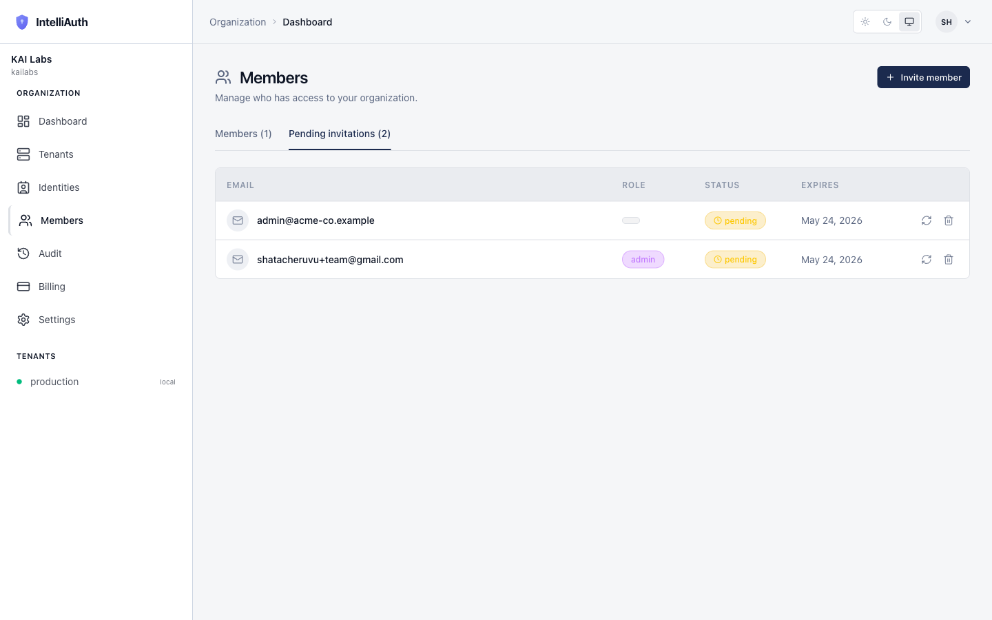 The Pending invitations table showing two pending invites with email, role, status, expires, and Resend / Revoke buttons per row