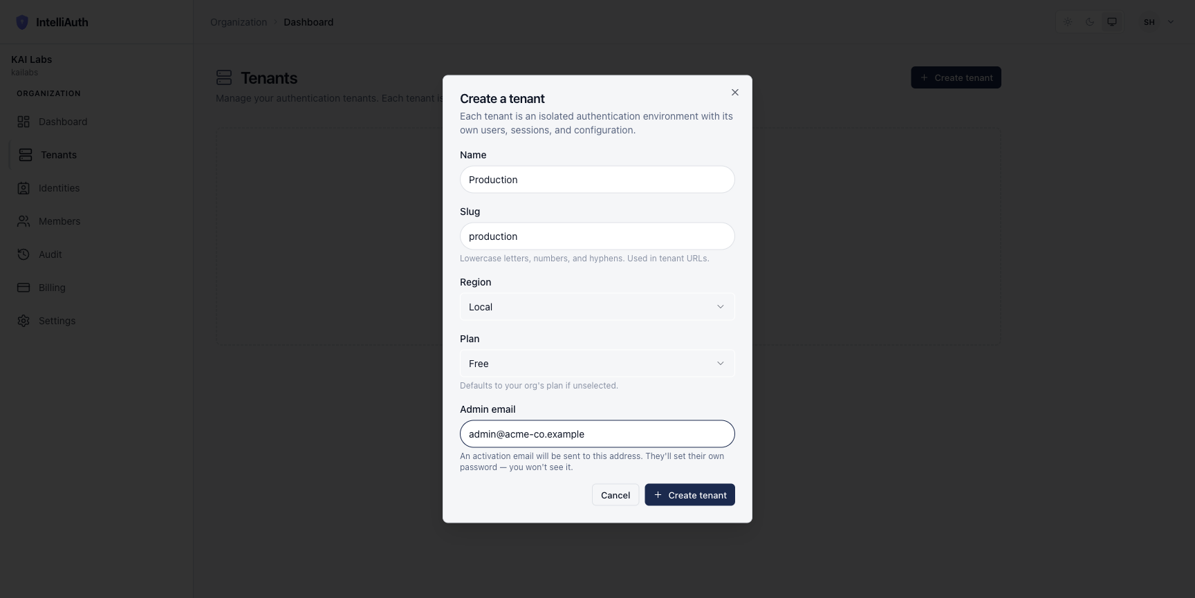The Create-a-tenant dialog filled in with name Production, slug production, and admin email admin@example.com
