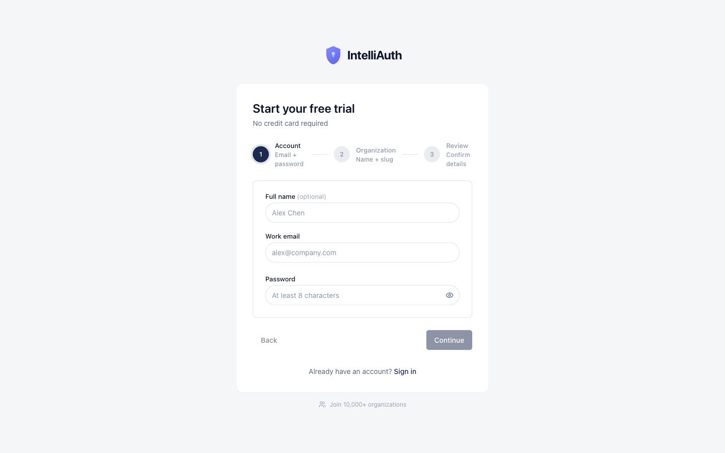 Step 1 of the signup wizard with fields for full name, work email, and password