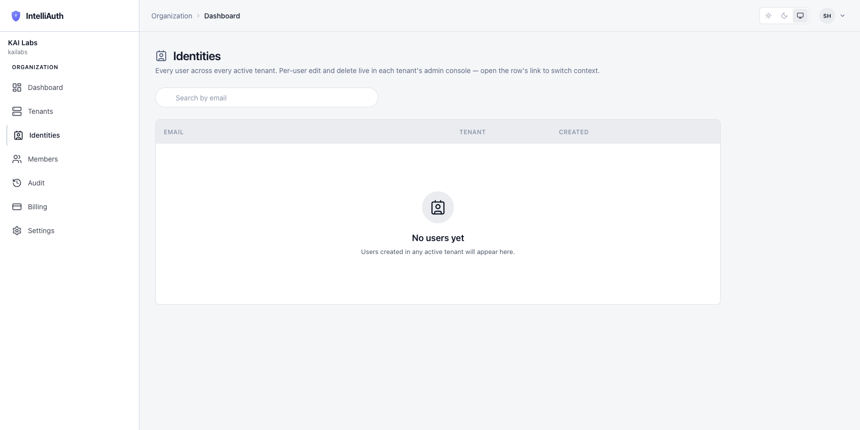 The Identities page with no users yet, showing an empty-state illustration and the search-by-email input