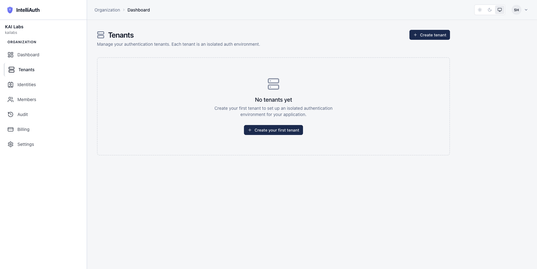 The Tenants page for a freshly-created organisation, showing the empty state with a Create-your-first-tenant CTA
