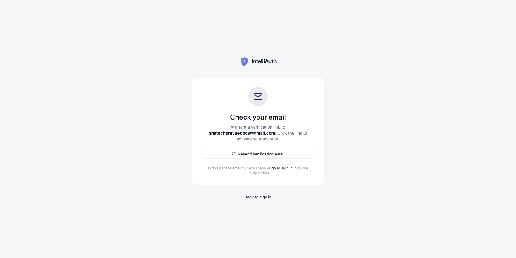 The verify-email confirmation page showing the email the verification link was sent to and a resend button
